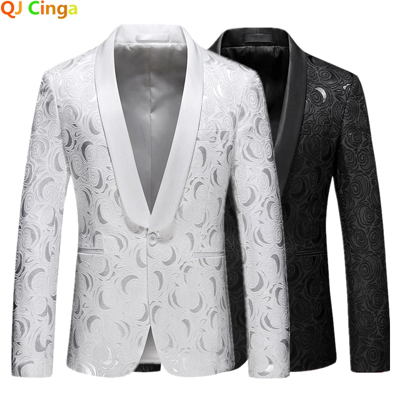 2026 New Men's White Rose Pattern Suit Jacket, Wedding Party Dress Coat, High Quality Men Slim Blazers Masculino Big Size M-6XL