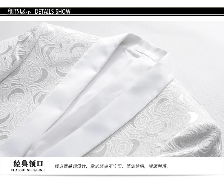 2026 New Men's White Rose Pattern Suit Jacket, Wedding Party Dress Coat, High Quality Men Slim Blazers Masculino Big Size M-6XL