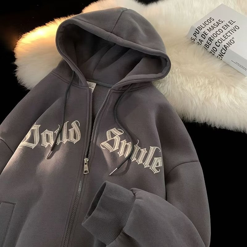 American-Style Zip-Up Hooded Fleece Sweatshirt for Men, Hong Kong Style Loose Casual Jacket, Trendy Ins Autumn Couple Sports Cardigan