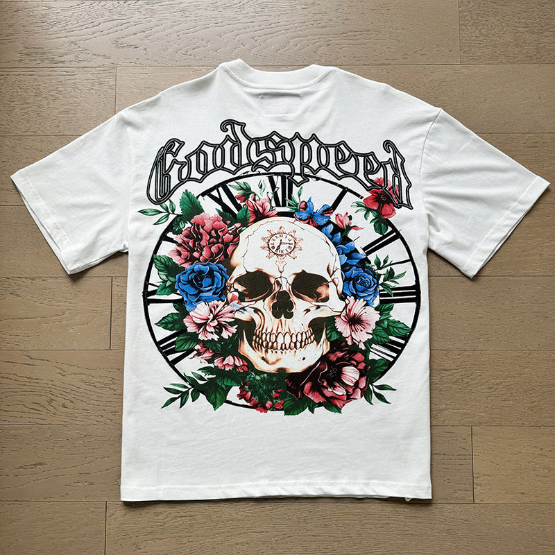 Summer New American Fashion Skull Rock Band Crewneck plus size Loose Short Sleeve T-shirt Couples Wholesale