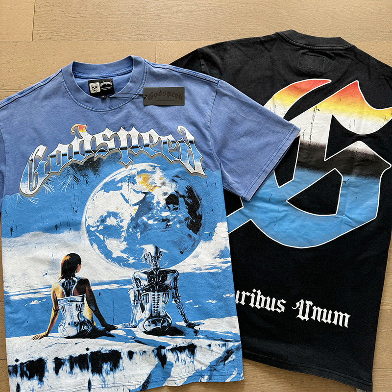Summer New American Fashion Skull Rock Band Crewneck plus size Loose Short Sleeve T-shirt Couples Wholesale