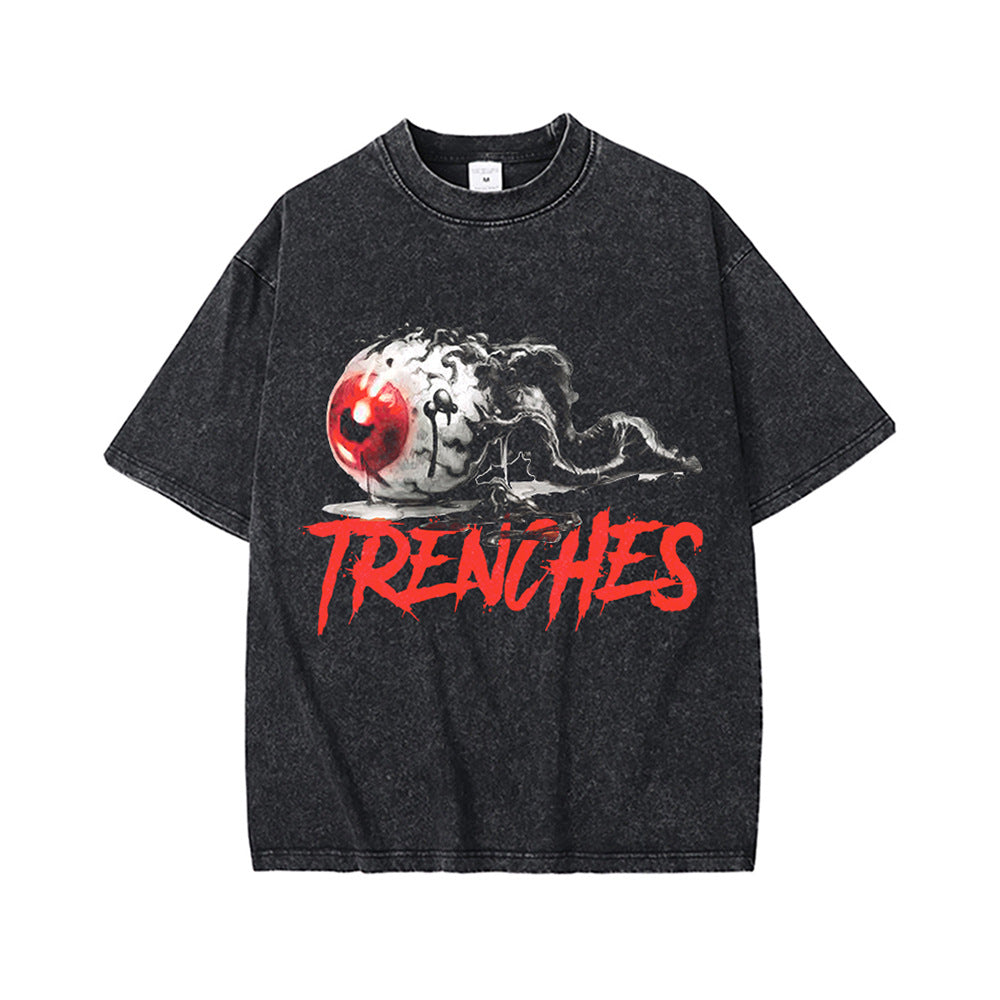 High Street Retro Heavy Distressed Washed White Ink Direct Spray Printing Men's and Women's Ins Retro Hip-Hop Trendy Brand Short-Sleeved T-Shirt