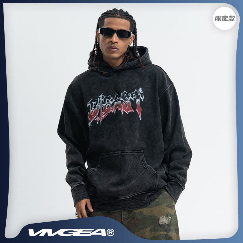 Vivgia American Style Trendy Brand Heavy Cotton Printed Washed Old Sweatshirt Hooded fleece-lined Autumn Winter Men's and Women's Coat