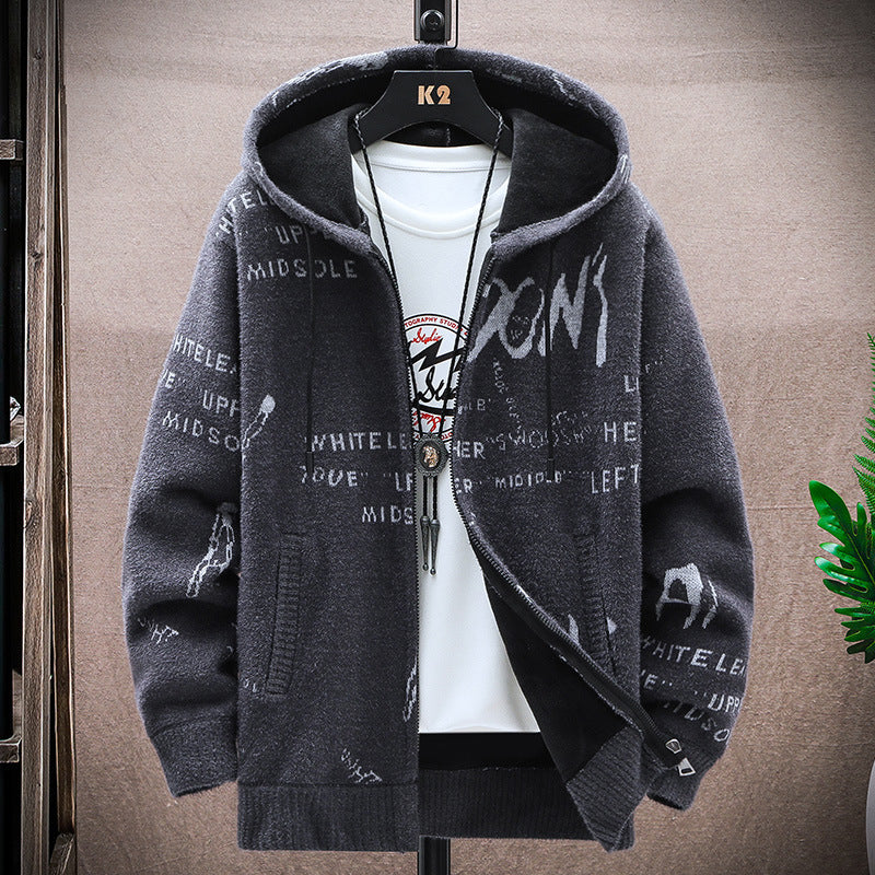 Cardigan sweater men's autumn and winter Korean style handsome trendy outerwear fashion fleece-lined thick sweater hooded coat men