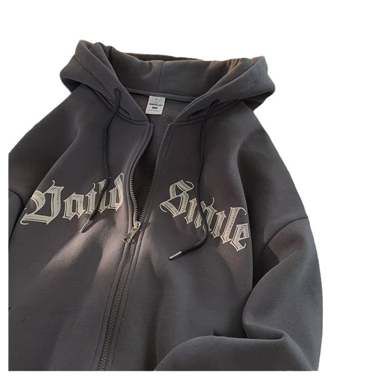 American-Style Zip-Up Hooded Fleece Sweatshirt for Men, Hong Kong Style Loose Casual Jacket, Trendy Ins Autumn Couple Sports Cardigan