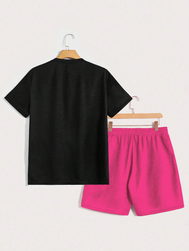 Men's Summer Casual Fashion Short Sleeve T-Shirt and Shorts Set with Letter and Art Figure Print