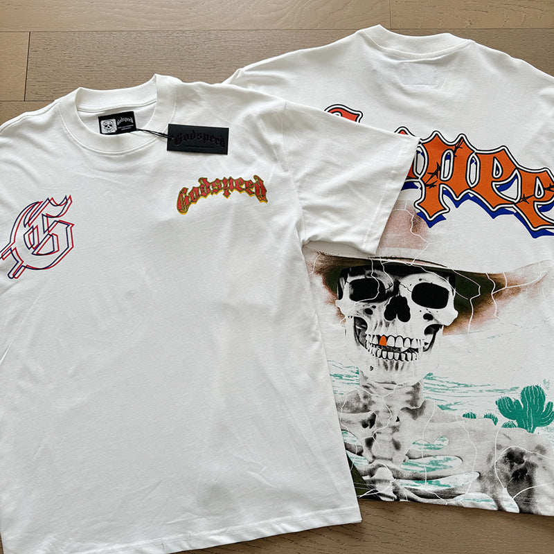 Summer New American Fashion Skull Rock Band Crewneck plus size Loose Short Sleeve T-shirt Couples Wholesale