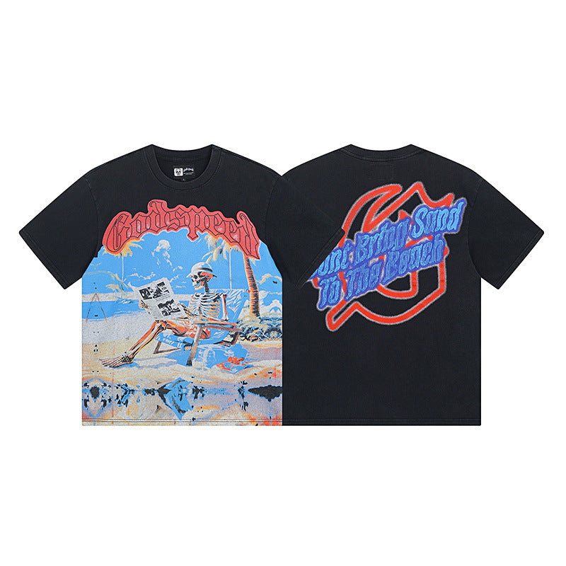 Summer New American Fashion Skull Rock Band Crewneck plus size Loose Short Sleeve T-shirt Couples Wholesale