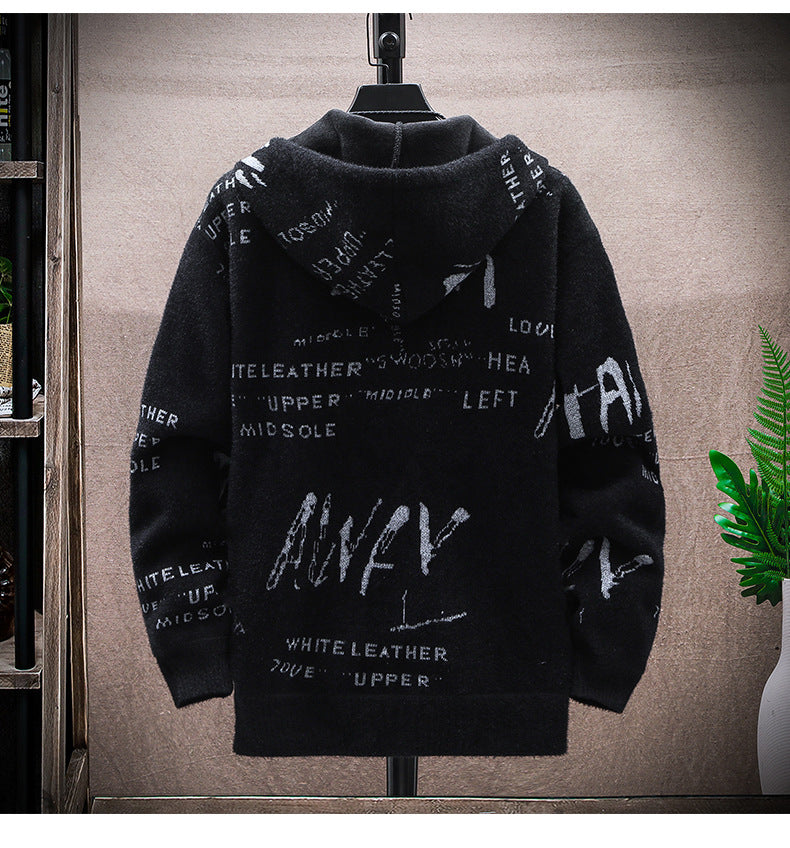 Cardigan sweater men's autumn and winter Korean style handsome trendy outerwear fashion fleece-lined thick sweater hooded coat men
