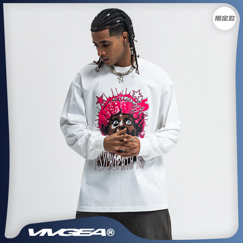 Vivgae American Street Retro Abstract Figure Pure Cotton Long Sleeve T-shirt Men's and Women's Fashion Brand Loose All-match Autumn and Winter Fashion