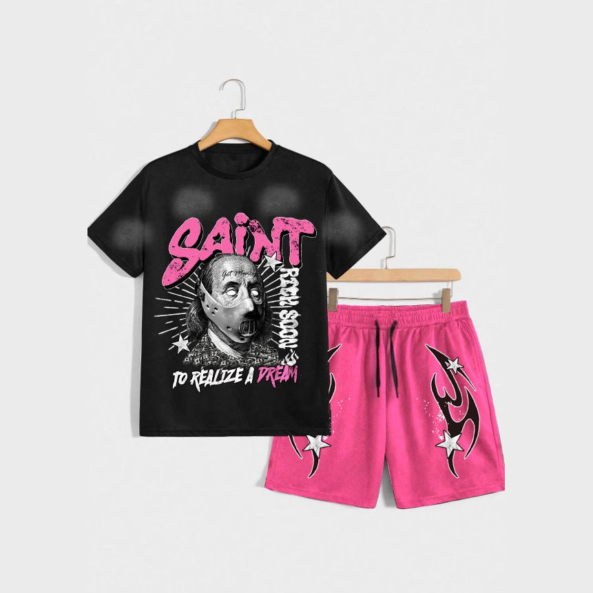 Men's Summer Casual Fashion Short Sleeve T-Shirt and Shorts Set with Letter and Art Figure Print