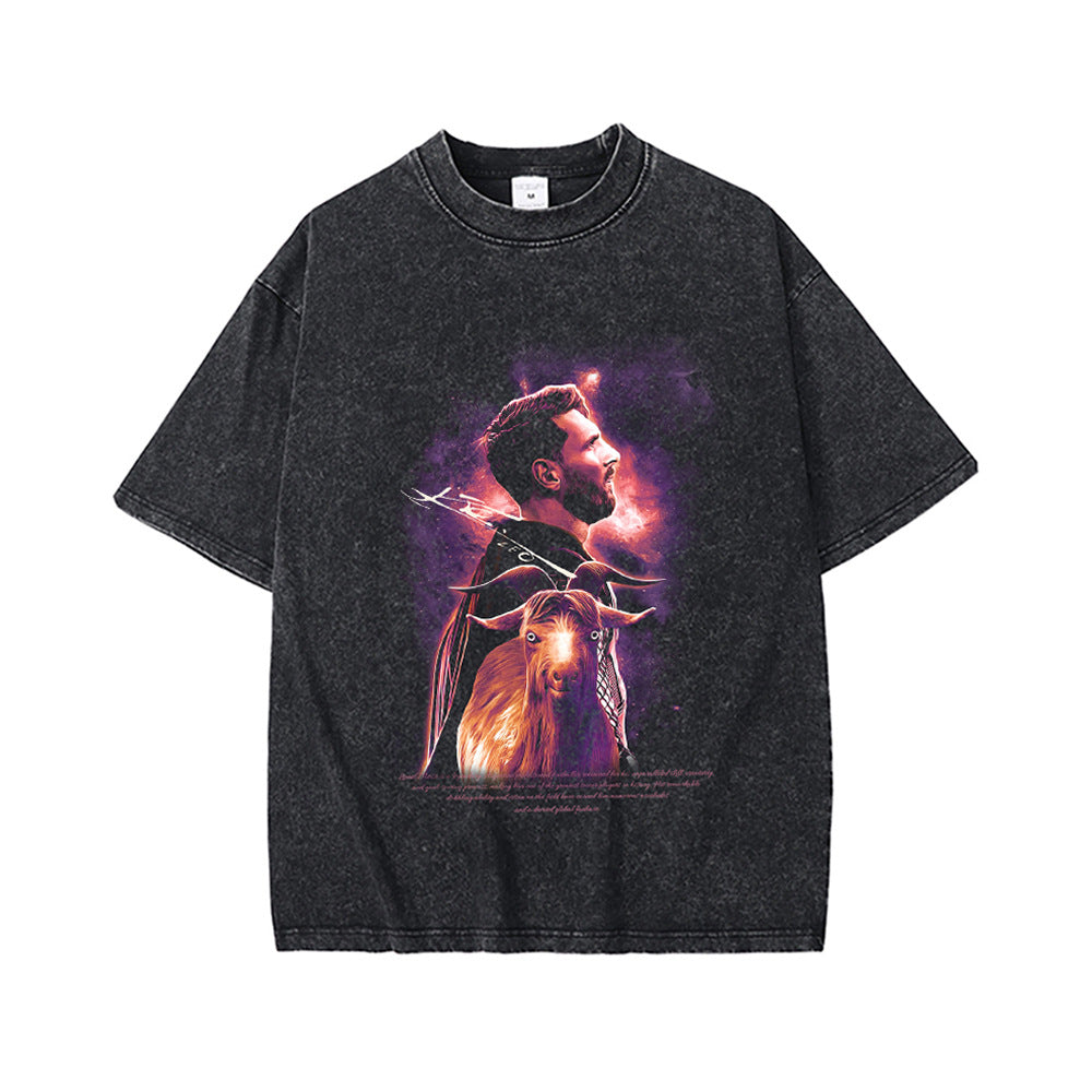 High Street Retro Heavy Distressed Washed White Ink Direct Spray Printing Men's and Women's Ins Retro Hip-Hop Trendy Brand Short-Sleeved T-Shirt