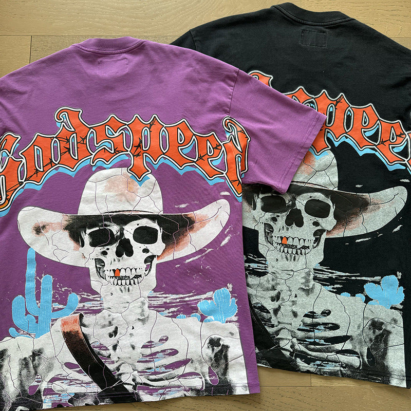 Summer New American Fashion Skull Rock Band Crewneck plus size Loose Short Sleeve T-shirt Couples Wholesale