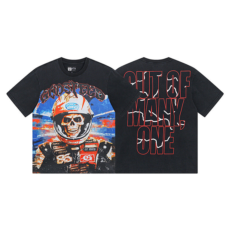 Summer New American Fashion Skull Rock Band Crewneck plus size Loose Short Sleeve T-shirt Couples Wholesale