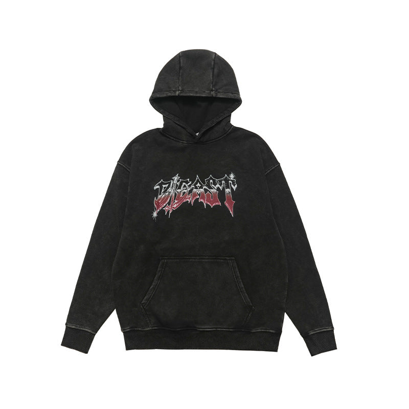 Vivgia American Style Trendy Brand Heavy Cotton Printed Washed Old Sweatshirt Hooded fleece-lined Autumn Winter Men's and Women's Coat