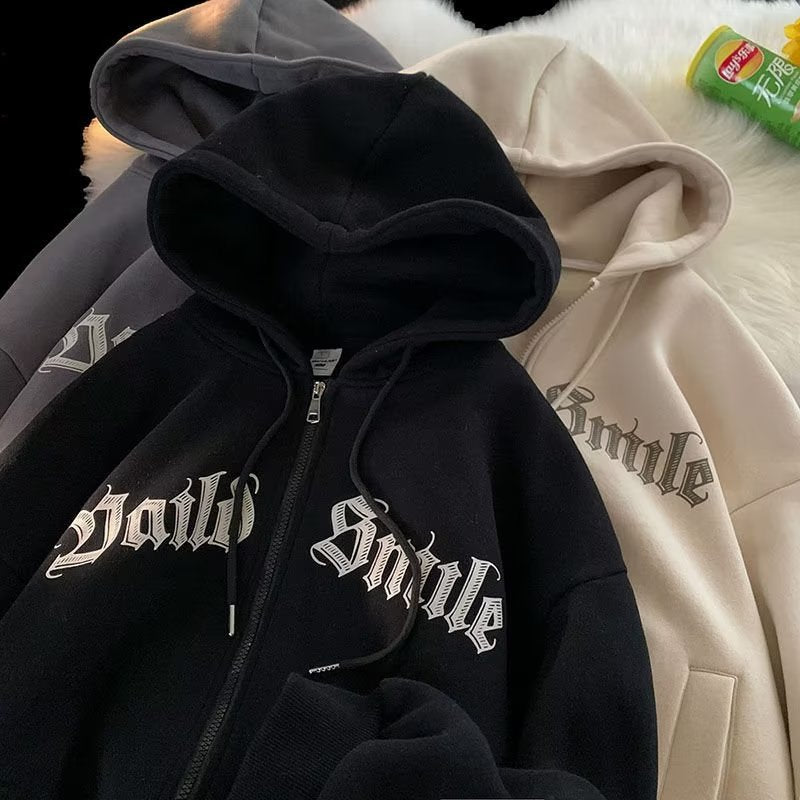 American-Style Zip-Up Hooded Fleece Sweatshirt for Men, Hong Kong Style Loose Casual Jacket, Trendy Ins Autumn Couple Sports Cardigan