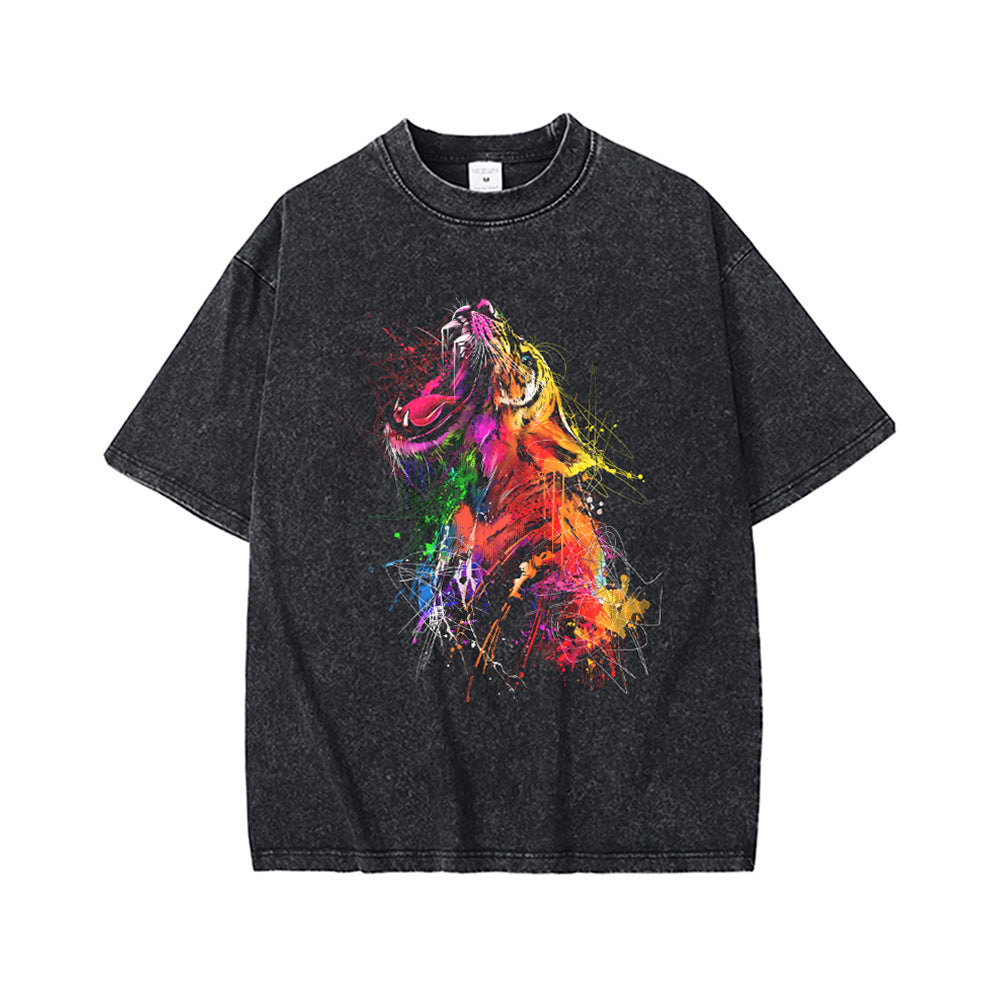 High Street Retro Heavy Distressed Washed White Ink Direct Spray Printing Men's and Women's Ins Retro Hip-Hop Trendy Brand Short-Sleeved T-Shirt