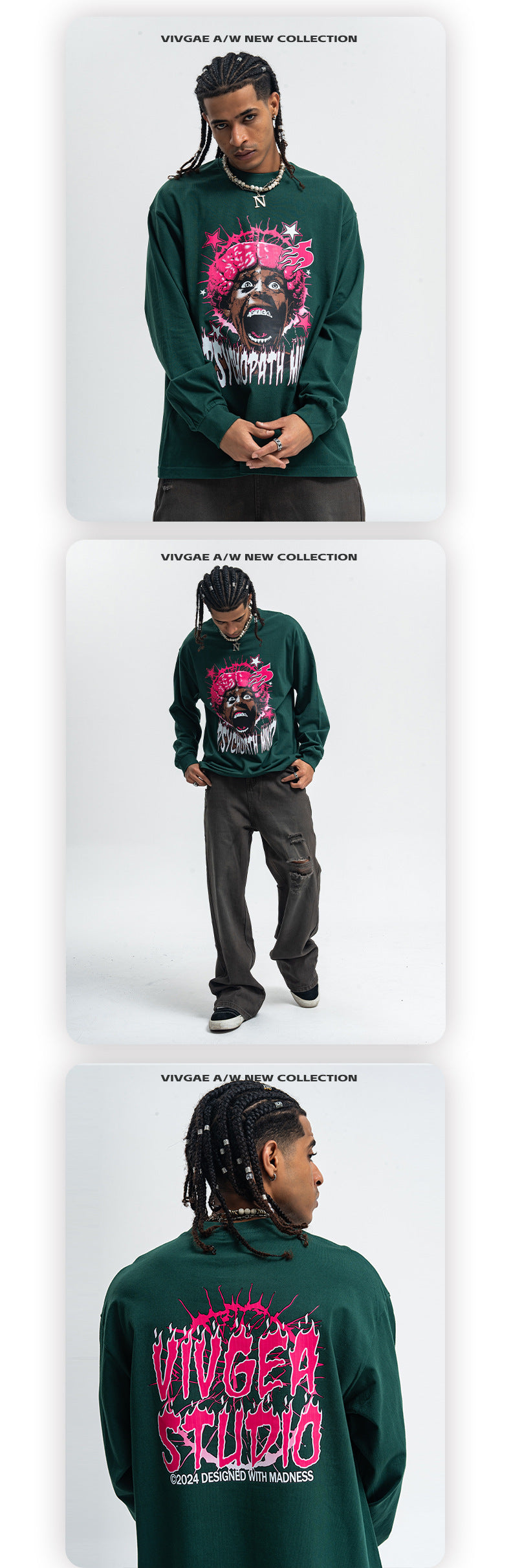 Vivgae American Street Retro Abstract Figure Pure Cotton Long Sleeve T-shirt Men's and Women's Fashion Brand Loose All-match Autumn and Winter Fashion