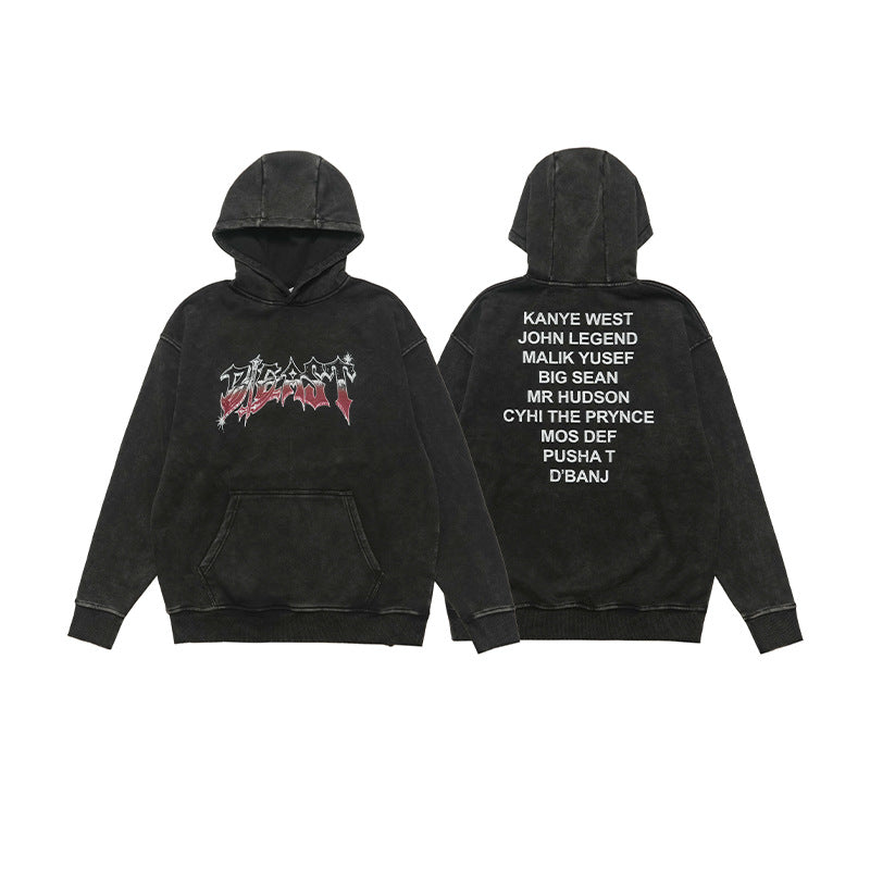 Vivgia American Style Trendy Brand Heavy Cotton Printed Washed Old Sweatshirt Hooded fleece-lined Autumn Winter Men's and Women's Coat