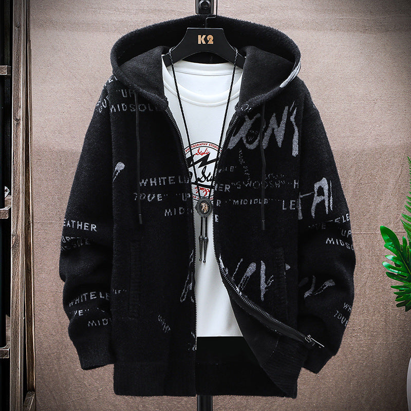 Cardigan sweater men's autumn and winter Korean style handsome trendy outerwear fashion fleece-lined thick sweater hooded coat men