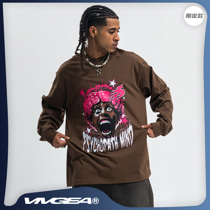 Vivgae American Street Retro Abstract Figure Pure Cotton Long Sleeve T-shirt Men's and Women's Fashion Brand Loose All-match Autumn and Winter Fashion