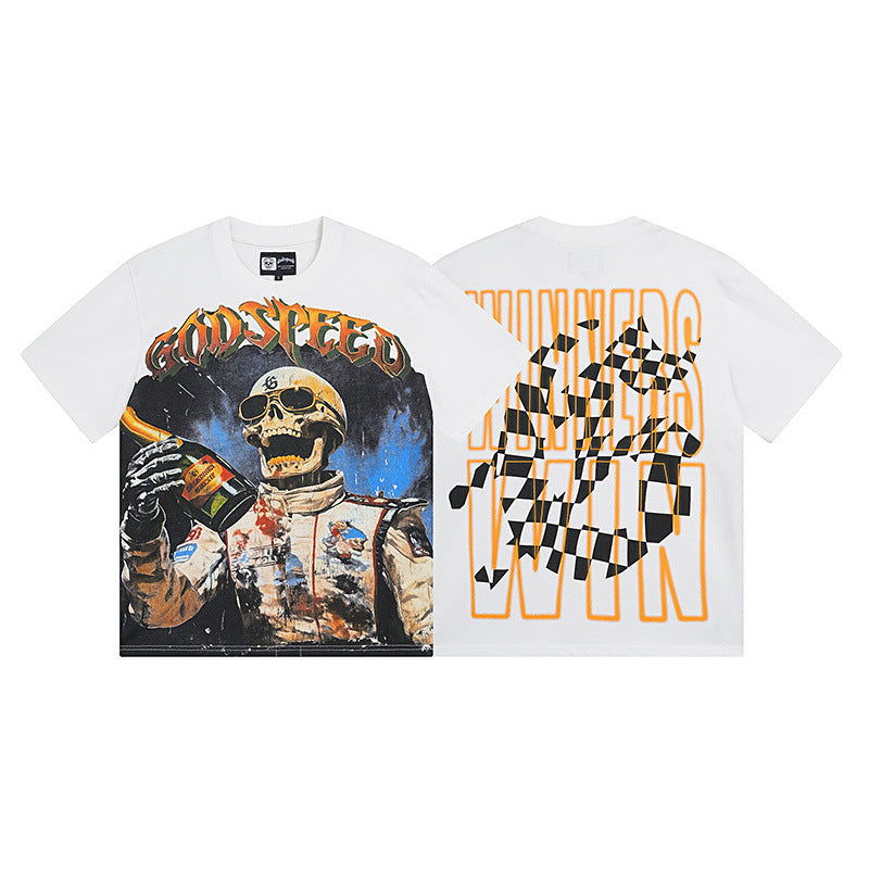 Summer New American Fashion Skull Rock Band Crewneck plus size Loose Short Sleeve T-shirt Couples Wholesale