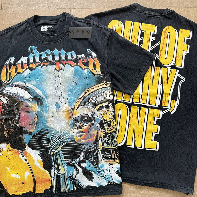 Summer New American Fashion Skull Rock Band Crewneck plus size Loose Short Sleeve T-shirt Couples Wholesale