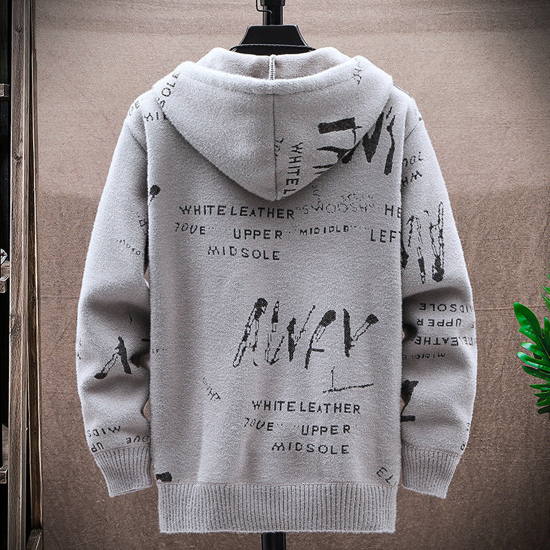 Cardigan sweater men's autumn and winter Korean style handsome trendy outerwear fashion fleece-lined thick sweater hooded coat men