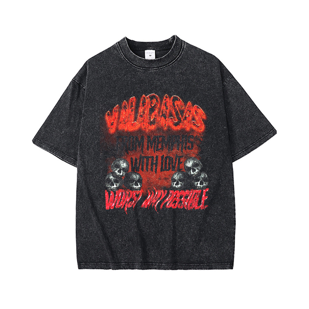 High Street Retro Heavy Distressed Washed White Ink Direct Spray Printing Men's and Women's Ins Retro Hip-Hop Trendy Brand Short-Sleeved T-Shirt