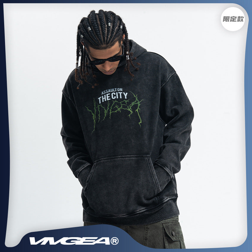 VIVGAE New Autumn and Winter American Vintage Washed Hooded Sweatshirt Men's and Women's Same Style fleece-lined Round Neck Jacket Loose