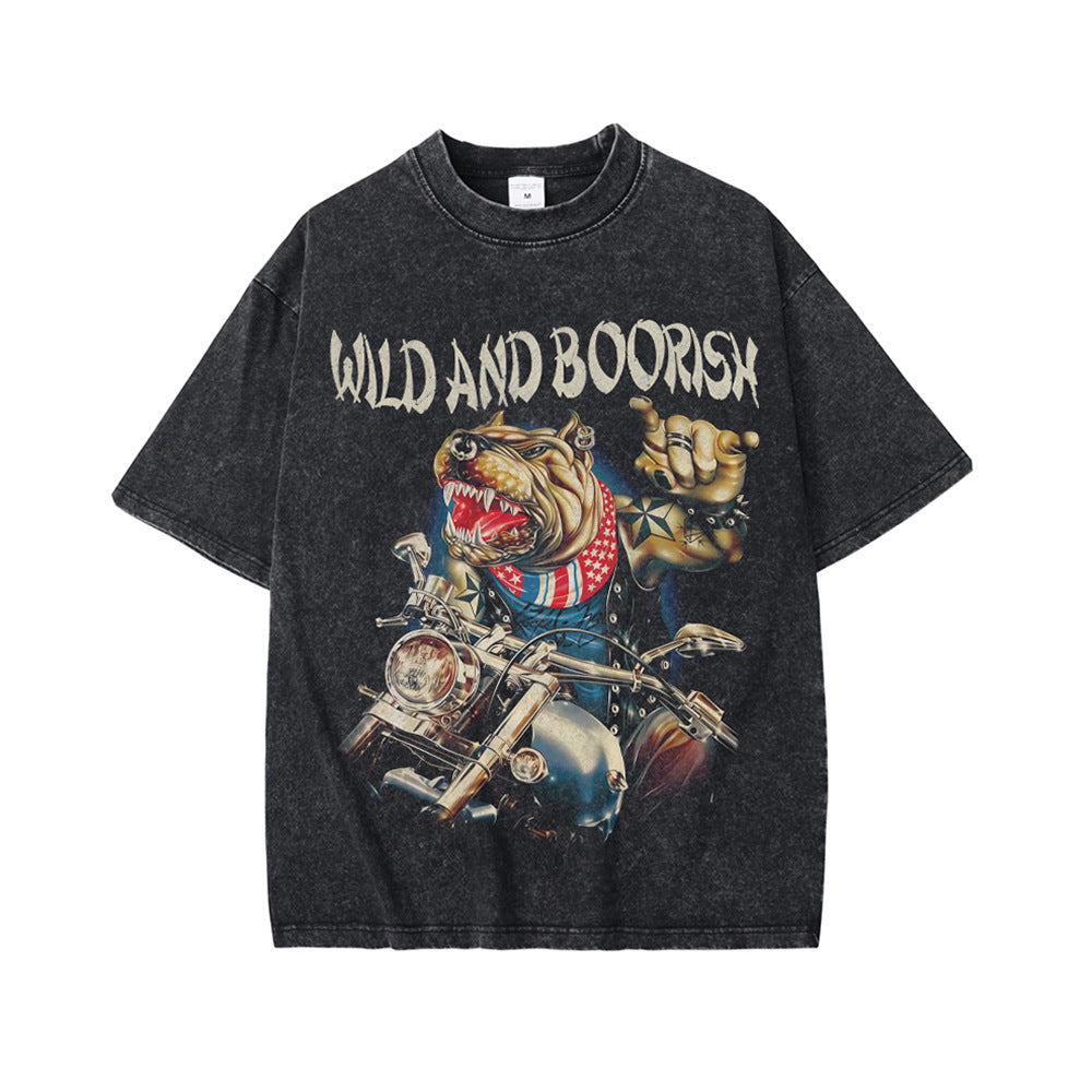 High Street Retro Heavy Distressed Washed White Ink Direct Spray Printing Men's and Women's Ins Retro Hip-Hop Trendy Brand Short-Sleeved T-Shirt
