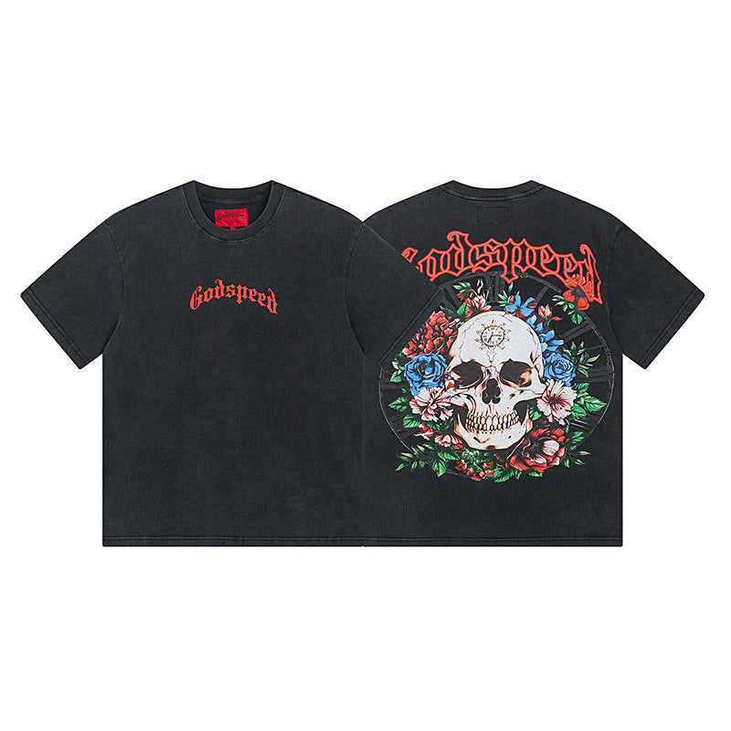 Summer New American Fashion Skull Rock Band Crewneck plus size Loose Short Sleeve T-shirt Couples Wholesale