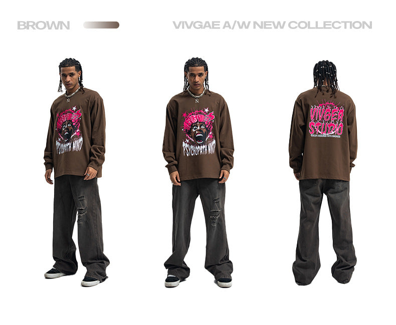 Vivgae American Street Retro Abstract Figure Pure Cotton Long Sleeve T-shirt Men's and Women's Fashion Brand Loose All-match Autumn and Winter Fashion