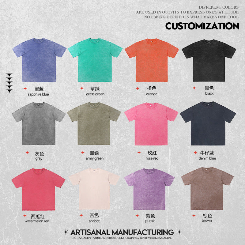 High Street Retro Heavy Distressed Washed White Ink Direct Spray Printing Men's and Women's Ins Retro Hip-Hop Trendy Brand Short-Sleeved T-Shirt