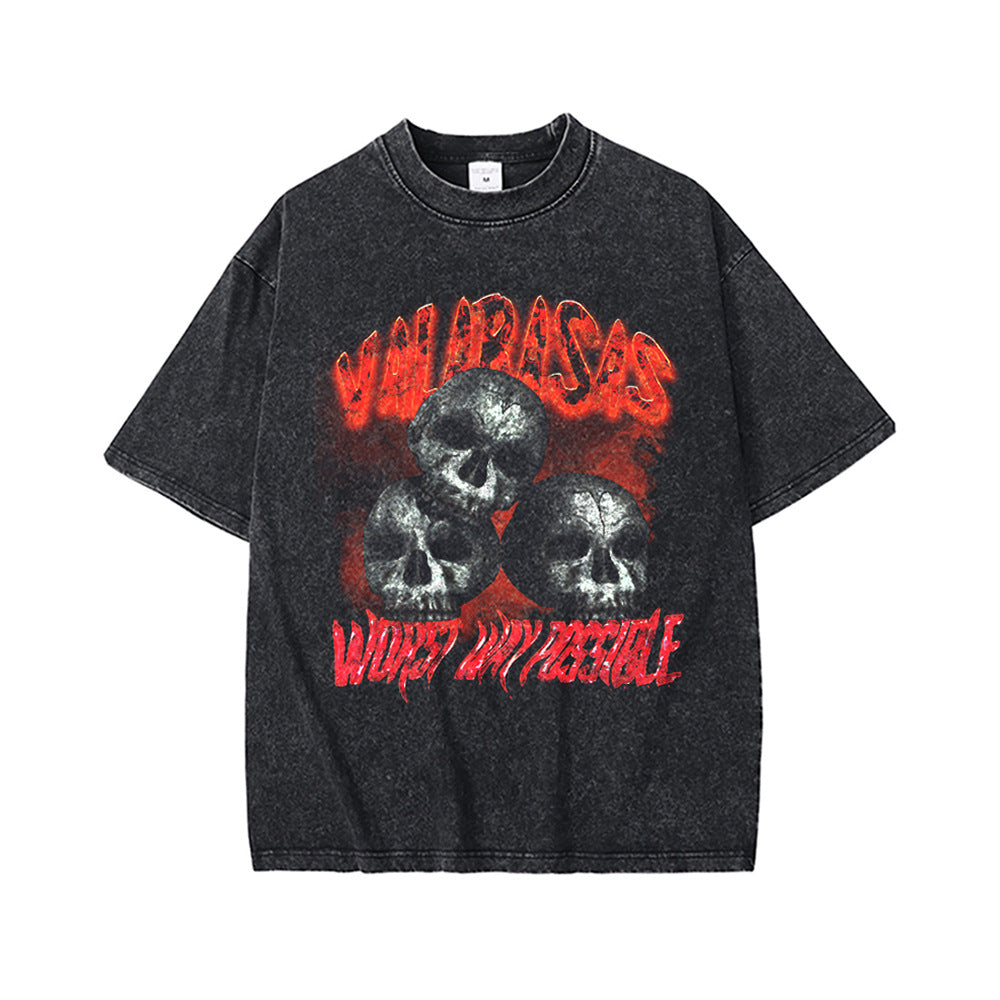 High Street Retro Heavy Distressed Washed White Ink Direct Spray Printing Men's and Women's Ins Retro Hip-Hop Trendy Brand Short-Sleeved T-Shirt