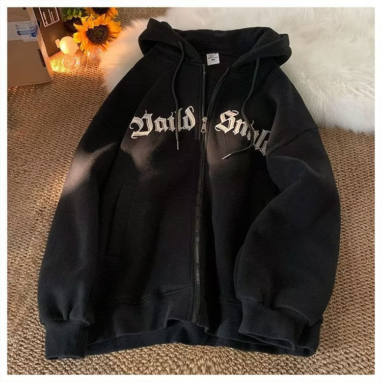 American-Style Zip-Up Hooded Fleece Sweatshirt for Men, Hong Kong Style Loose Casual Jacket, Trendy Ins Autumn Couple Sports Cardigan
