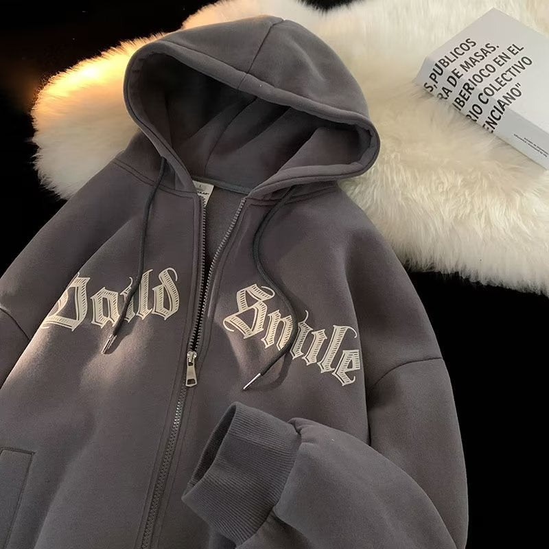 American-Style Zip-Up Hooded Fleece Sweatshirt for Men, Hong Kong Style Loose Casual Jacket, Trendy Ins Autumn Couple Sports Cardigan
