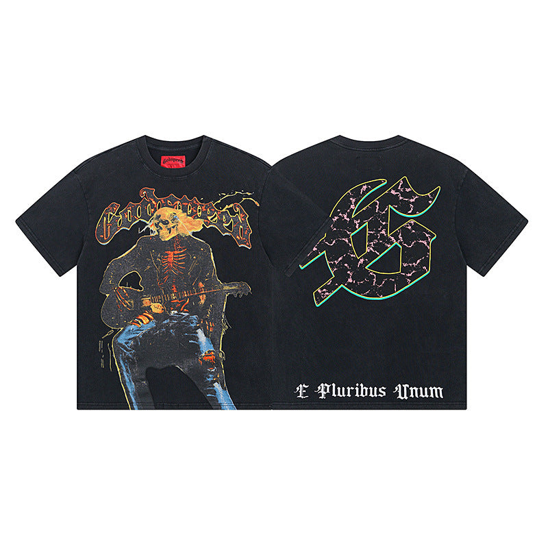 Summer New American Fashion Skull Rock Band Crewneck plus size Loose Short Sleeve T-shirt Couples Wholesale