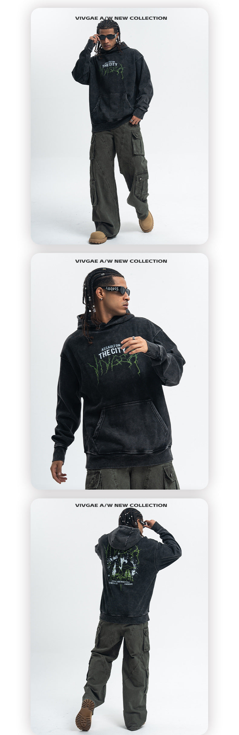 VIVGAE New Autumn and Winter American Vintage Washed Hooded Sweatshirt Men's and Women's Same Style fleece-lined Round Neck Jacket Loose