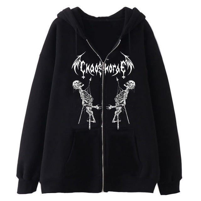 European and American Dark Skull Skeleton Sports Hooded Zipper Cardigan Sweatshirt Gothic Couple Harajuku Metal Jacket Top