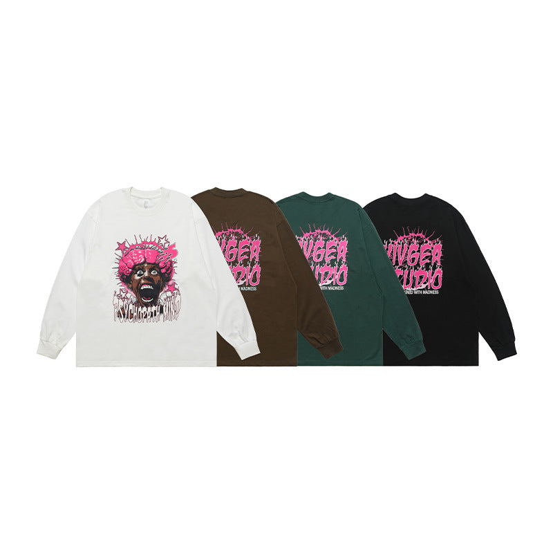 Vivgae American Street Retro Abstract Figure Pure Cotton Long Sleeve T-shirt Men's and Women's Fashion Brand Loose All-match Autumn and Winter Fashion