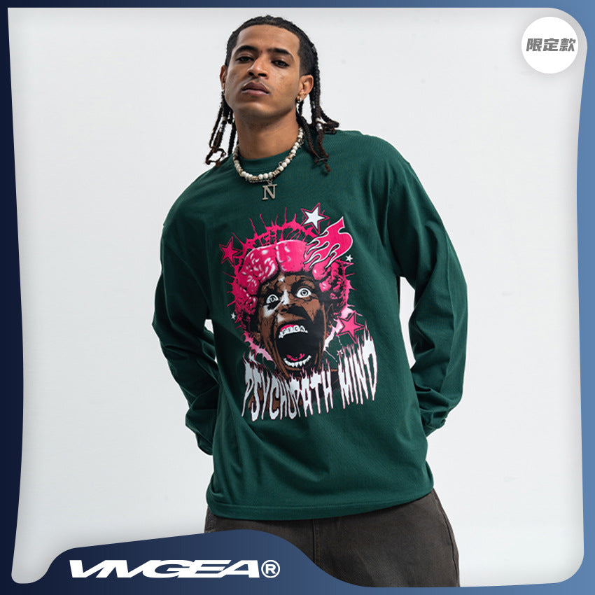 Vivgae American Street Retro Abstract Figure Pure Cotton Long Sleeve T-shirt Men's and Women's Fashion Brand Loose All-match Autumn and Winter Fashion