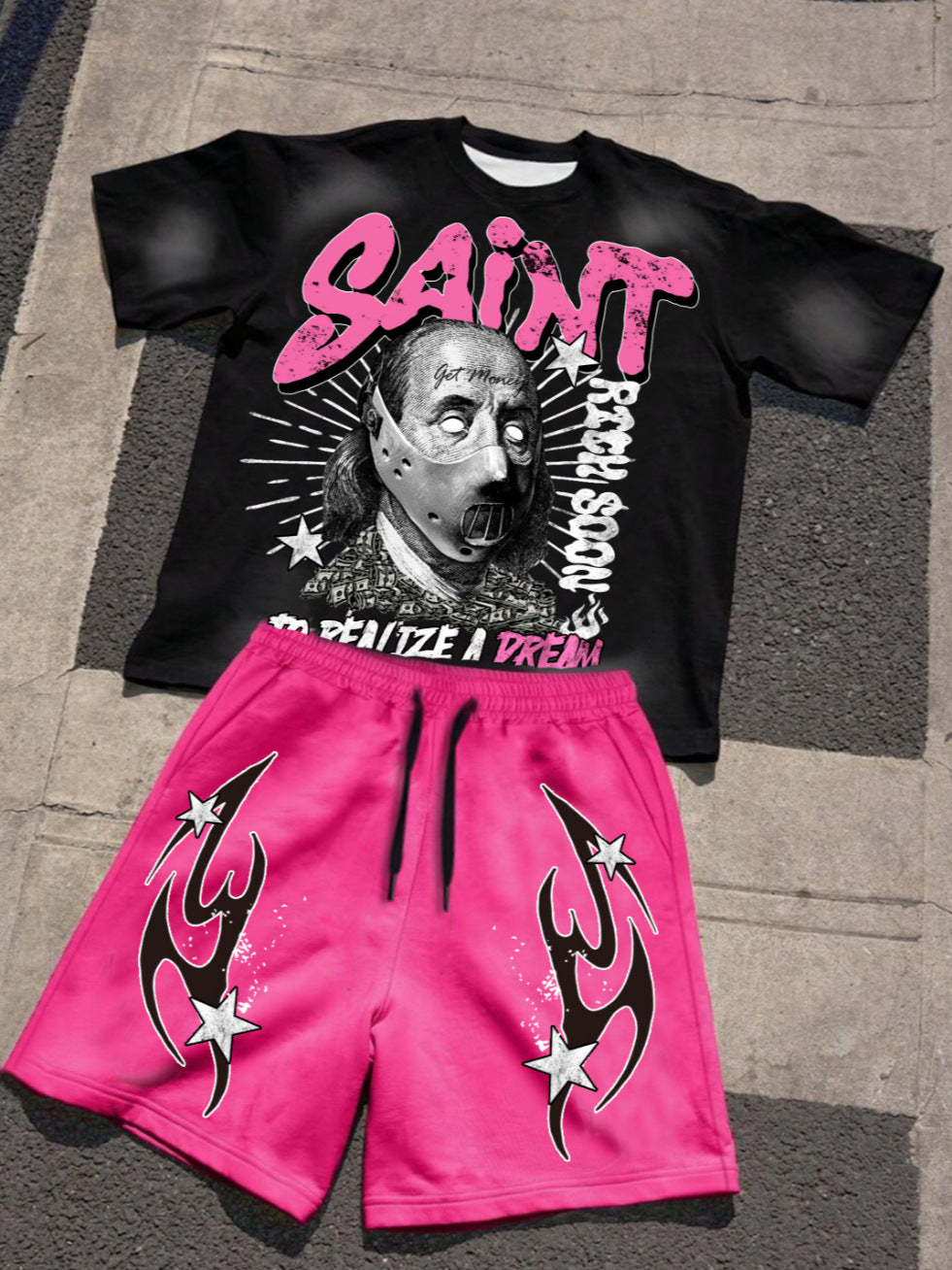 Men's Summer Casual Fashion Short Sleeve T-Shirt and Shorts Set with Letter and Art Figure Print