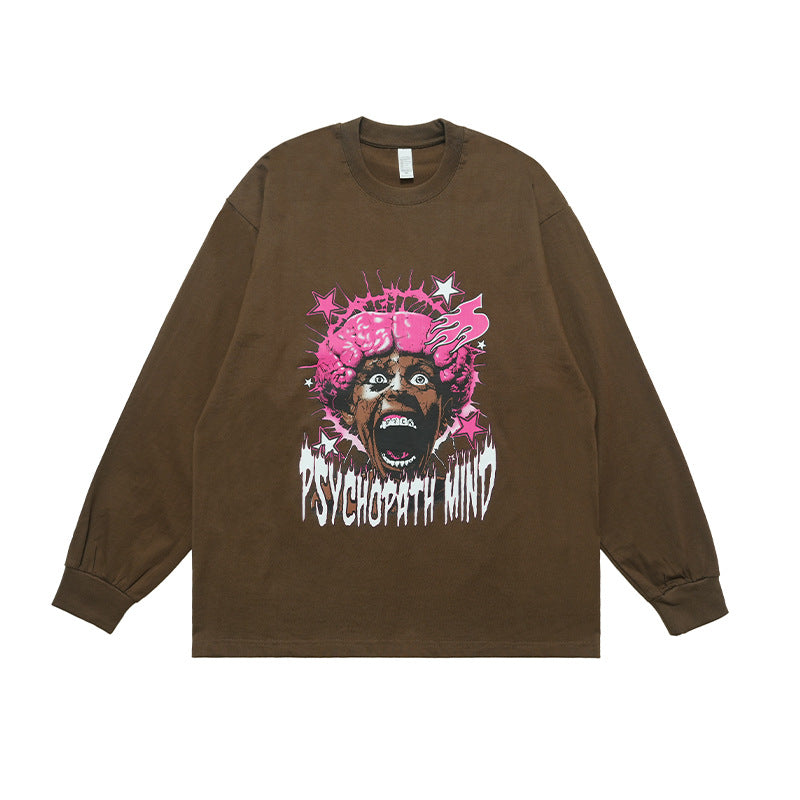 Vivgae American Street Retro Abstract Figure Pure Cotton Long Sleeve T-shirt Men's and Women's Fashion Brand Loose All-match Autumn and Winter Fashion