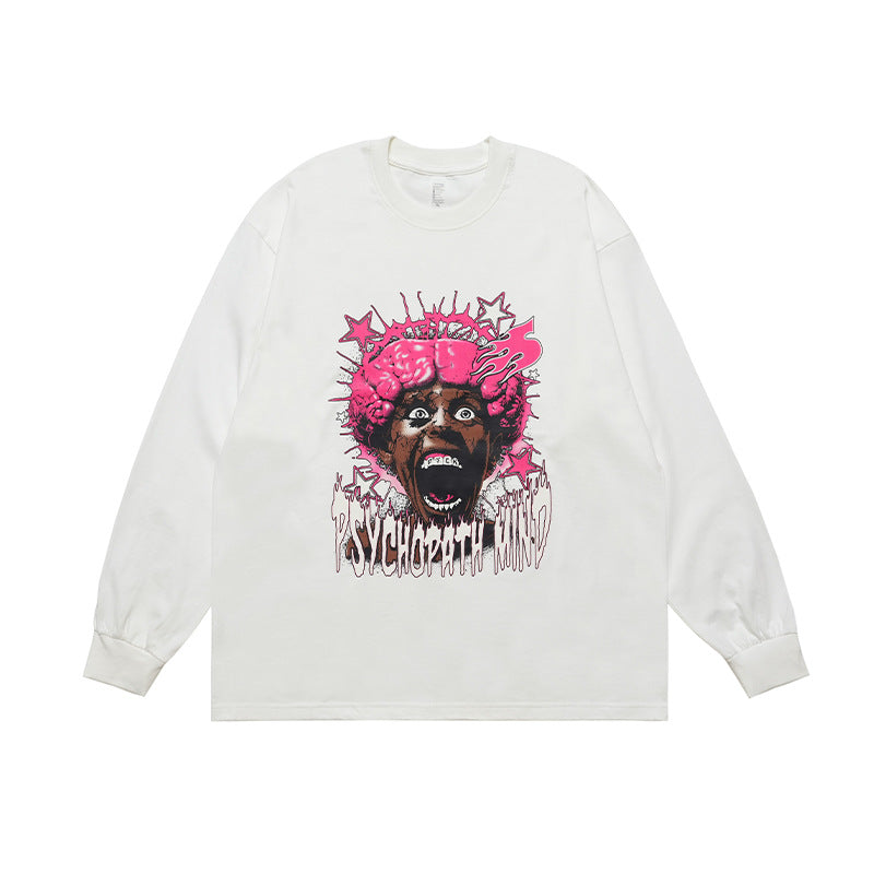 Vivgae American Street Retro Abstract Figure Pure Cotton Long Sleeve T-shirt Men's and Women's Fashion Brand Loose All-match Autumn and Winter Fashion