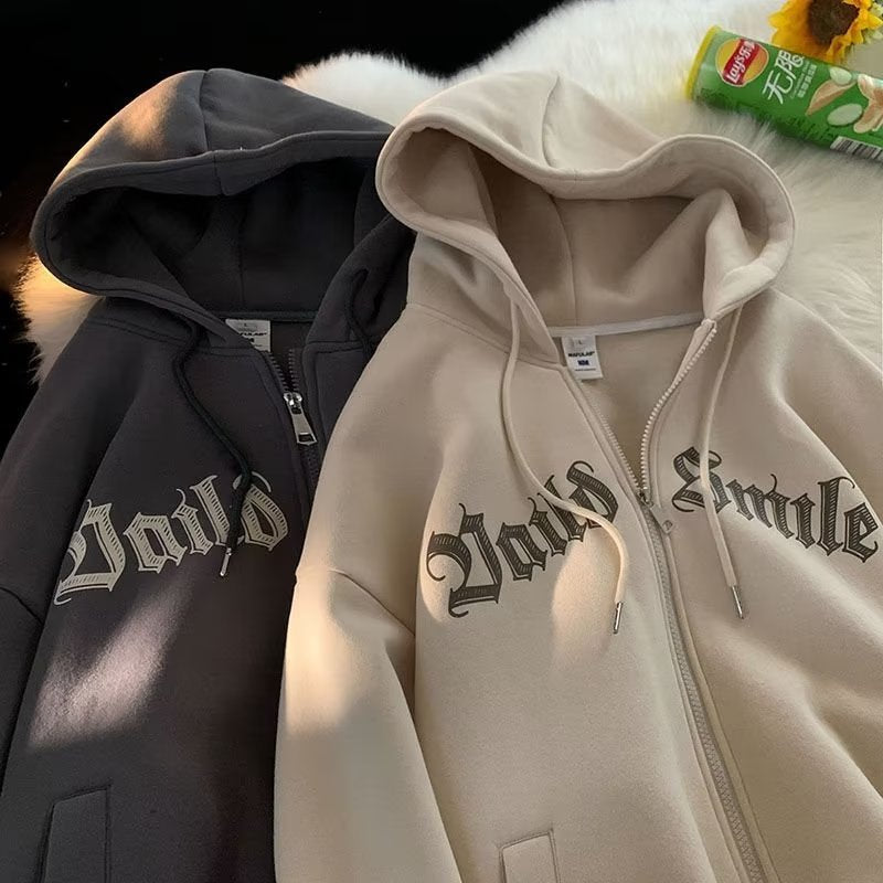 American-Style Zip-Up Hooded Fleece Sweatshirt for Men, Hong Kong Style Loose Casual Jacket, Trendy Ins Autumn Couple Sports Cardigan