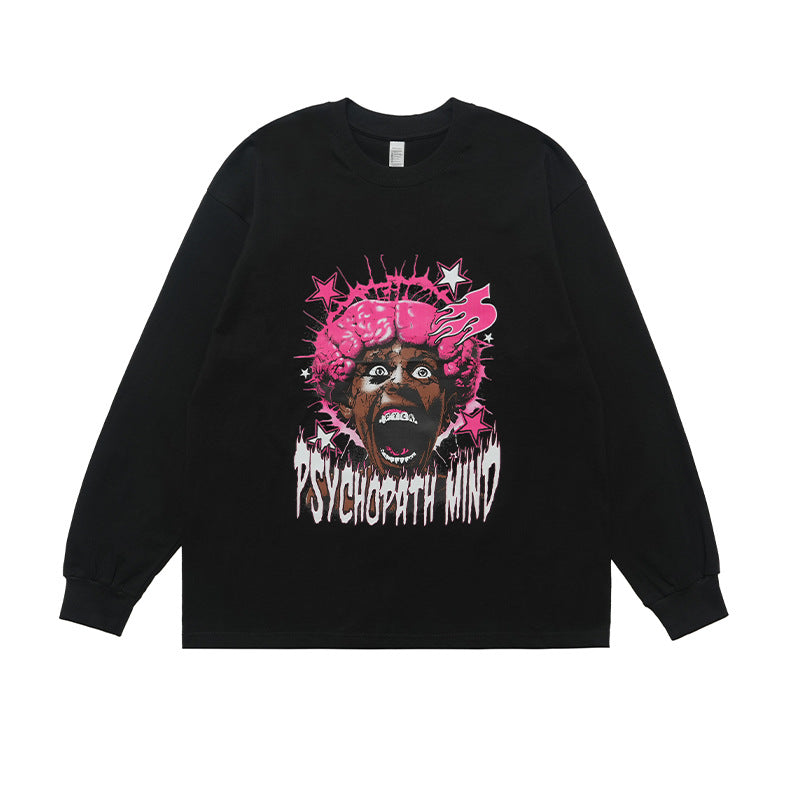 Vivgae American Street Retro Abstract Figure Pure Cotton Long Sleeve T-shirt Men's and Women's Fashion Brand Loose All-match Autumn and Winter Fashion