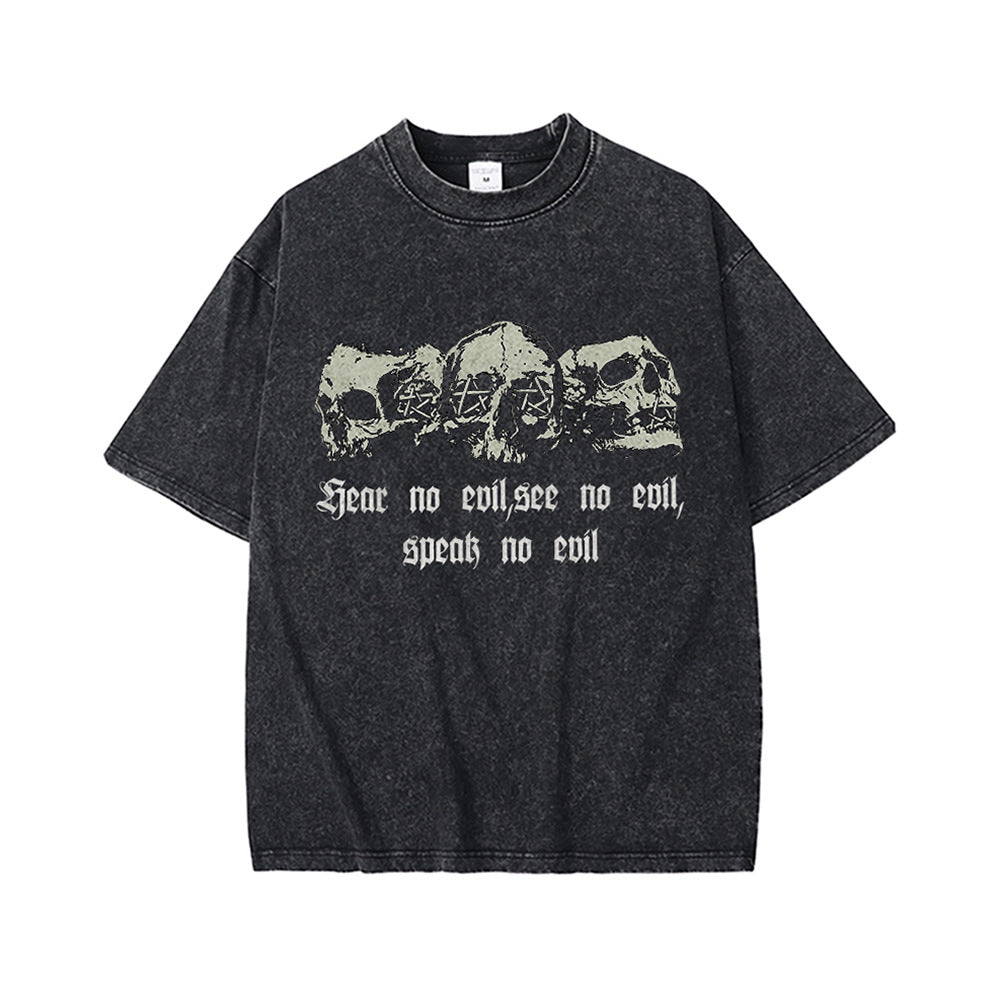 High Street Retro Heavy Distressed Washed White Ink Direct Spray Printing Men's and Women's Ins Retro Hip-Hop Trendy Brand Short-Sleeved T-Shirt