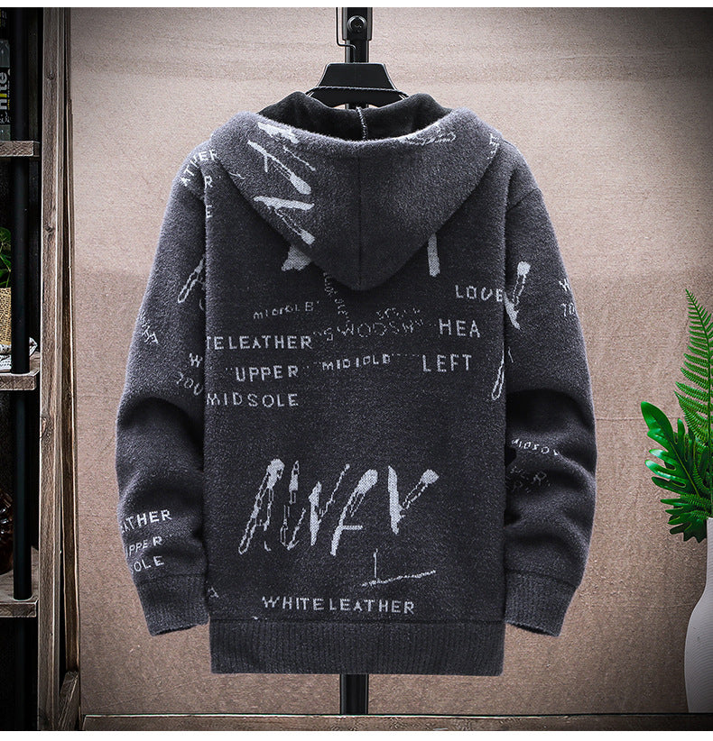 Cardigan sweater men's autumn and winter Korean style handsome trendy outerwear fashion fleece-lined thick sweater hooded coat men