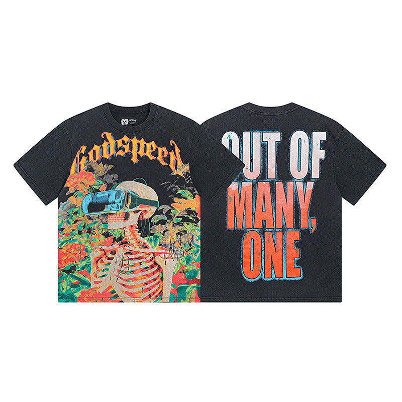 Summer New American Fashion Skull Rock Band Crewneck plus size Loose Short Sleeve T-shirt Couples Wholesale
